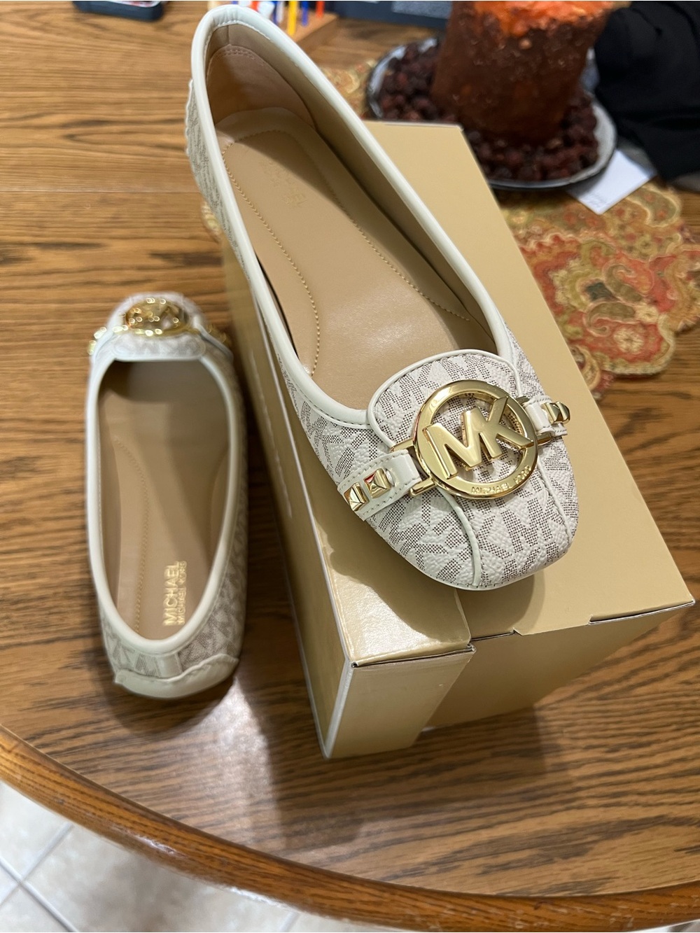 Michael Kors Cream Logo-Print Ballet Loafers with Gold MK Hardware